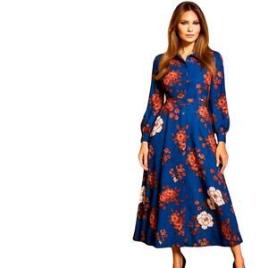 Eva Mendes NYC Chiffon Women's Blue Floral Shirt Dress Sheer Sleeves US 8